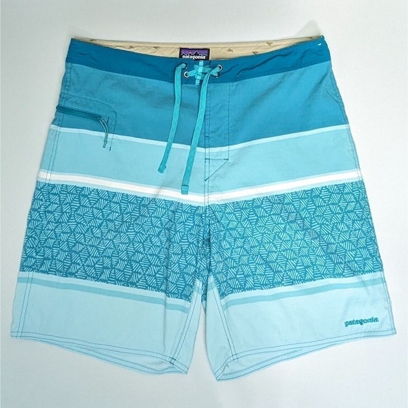 Patagonia Board Shorts 36 Blue Geo Stripe Surf Beach Hiking Drawstring Closure - Picture 1 of 11